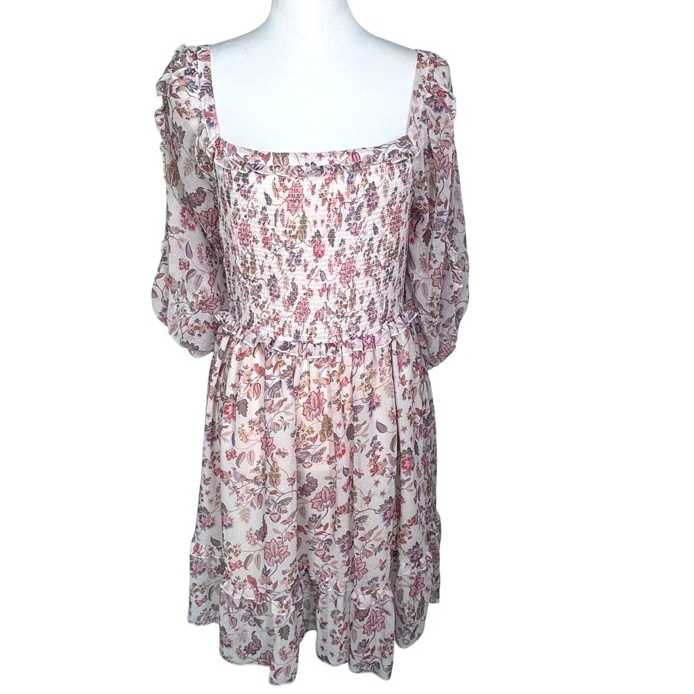 SUPER NATURAL SECRET MISSION Women's Large Pink Cream Floral‎ Smocked Mini Dress